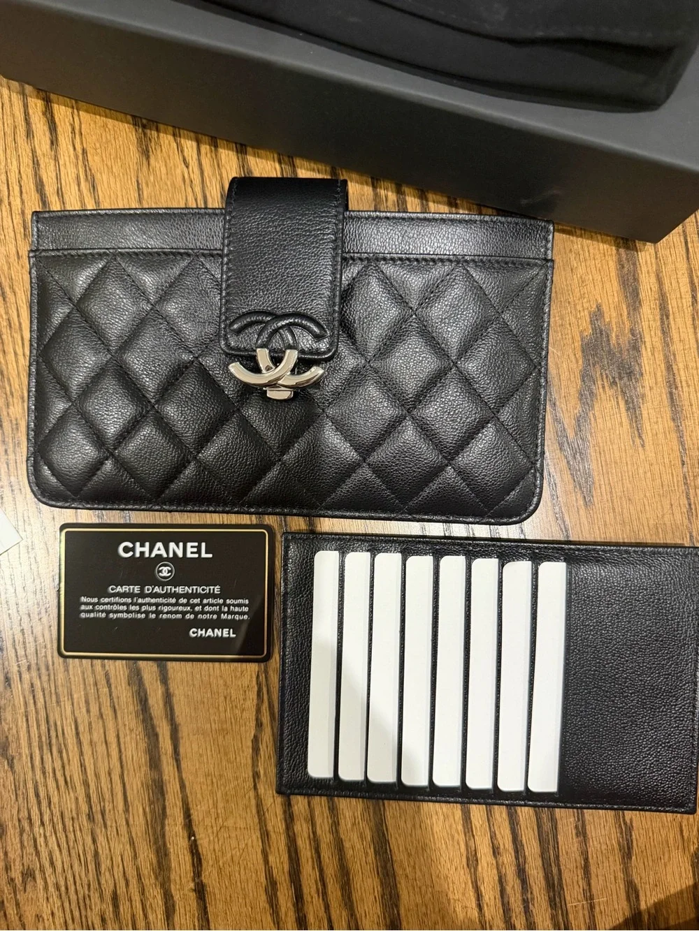 CHANEL Black Quilted Leather Wallet with Silver CC